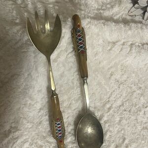 Lebanon Ornate Inlaid Horn Parrot Bird Serving Fork & Spoon